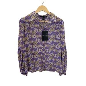 A Love Story Womens Purple Floral Mesh Button Down Blouse Puff Sleeve NWT Size M